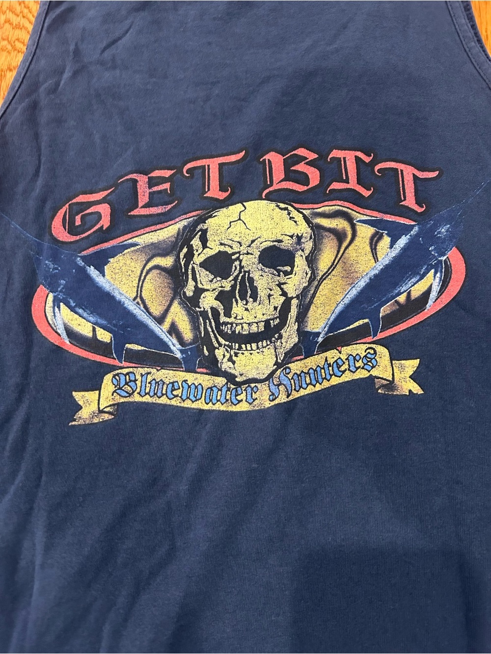 Get Bit Bluewater Hunters Tank Top Large Navy Blue Skull Marlin Shark USA Made - Picture 7 of 9